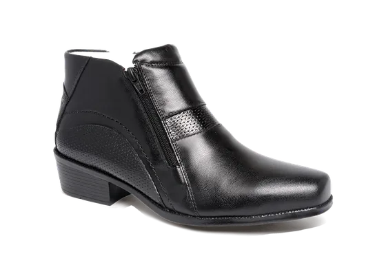 Botinha masculina Score, série Odalos, referência 1361-72, couro preto com zíper lateral e recorte perfurado